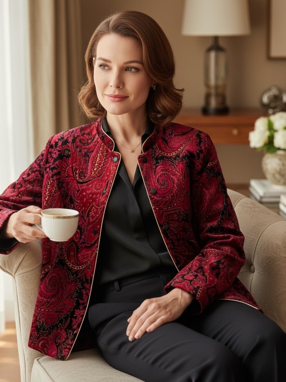 Dressbarn Red and Gold Paisley Jacket